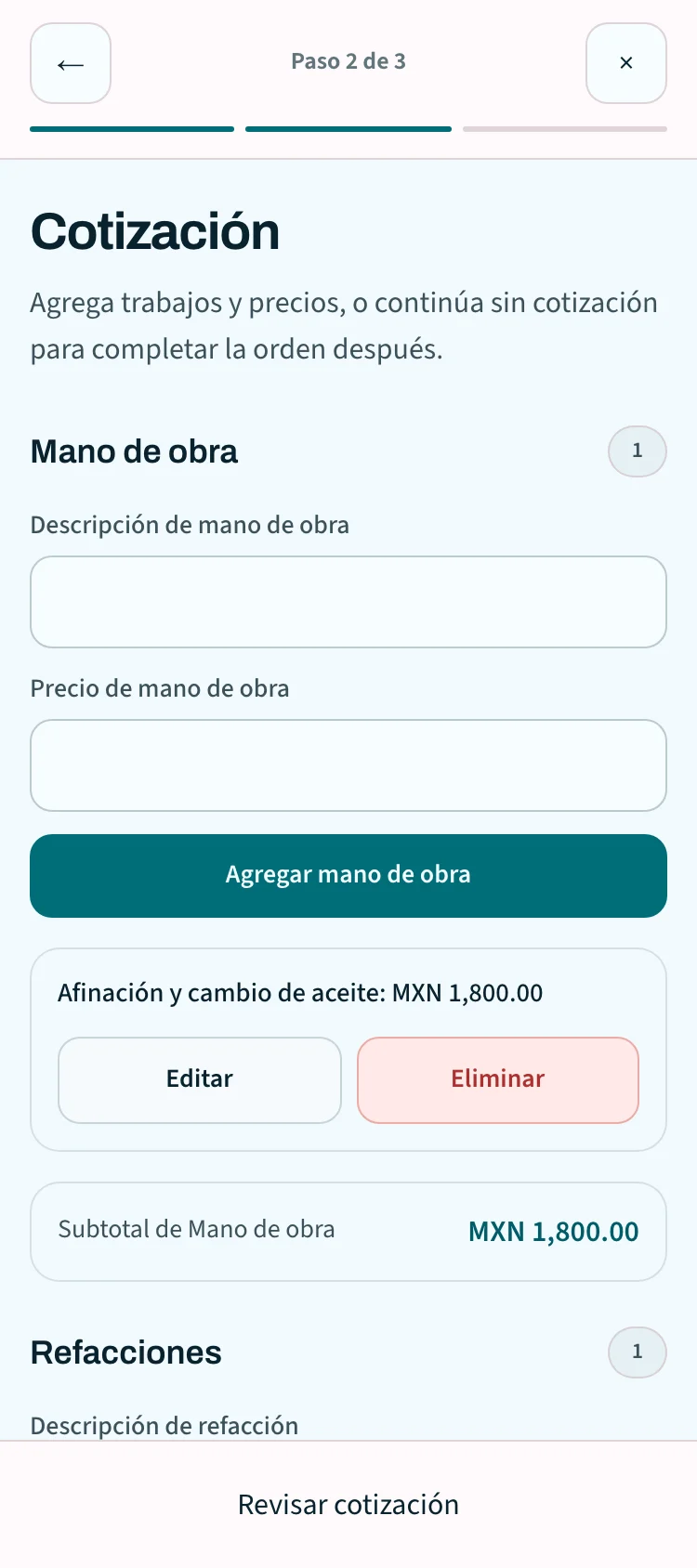 Pantalla móvil de TallerCheck con conceptos y total de la cotización