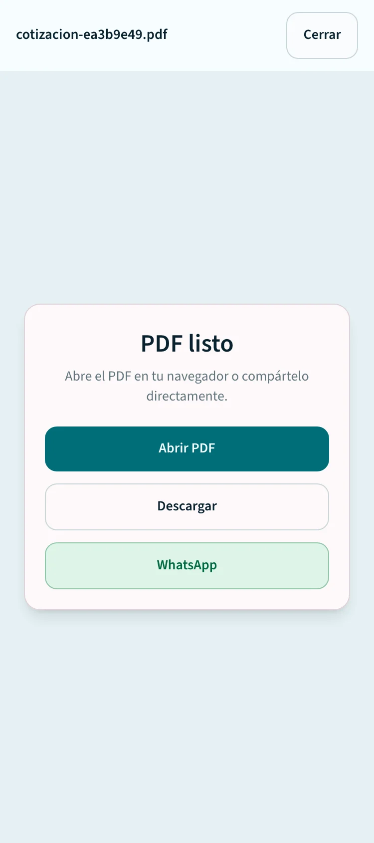 Pantalla móvil de TallerCheck con la cotización y la acción de WhatsApp