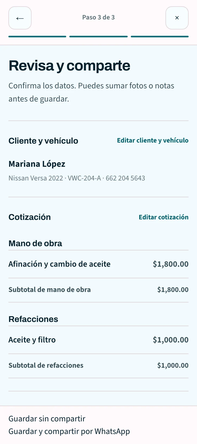 Cotización móvil lista para revisar en TallerCheck